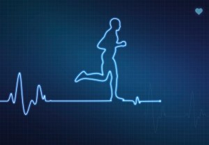 Runner-shaped blip on a medical heart monitor (ECG - electrocardiogram) with blue background and heart symbol.