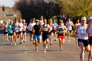 Denver, Colorado, USA - April 27, 2008: Elite runners at the starting line of the Cherry Creek Sneak near Cherry Creek North Street in Denver, Colorado
